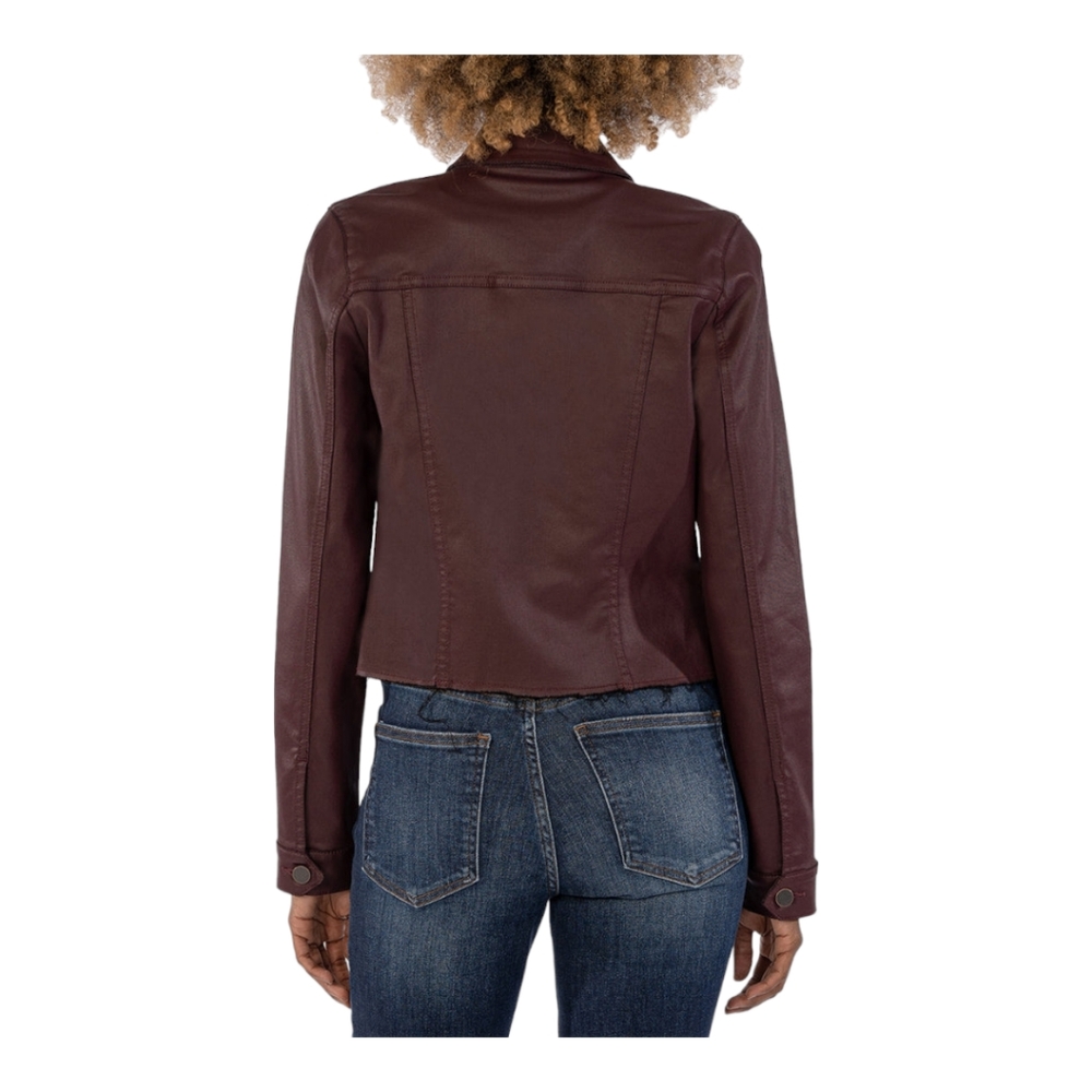 KARA COATED CROP JACKET W/FRAY HEM - BORDEAUX
